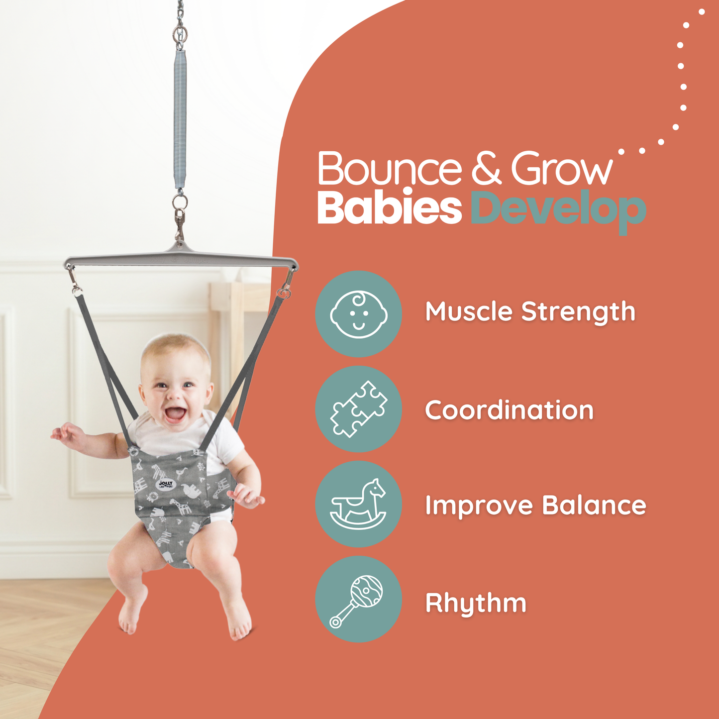 Jolly Jumper Elite – Original Baby Exerciser with Super Stand, Grey Safari Saddle